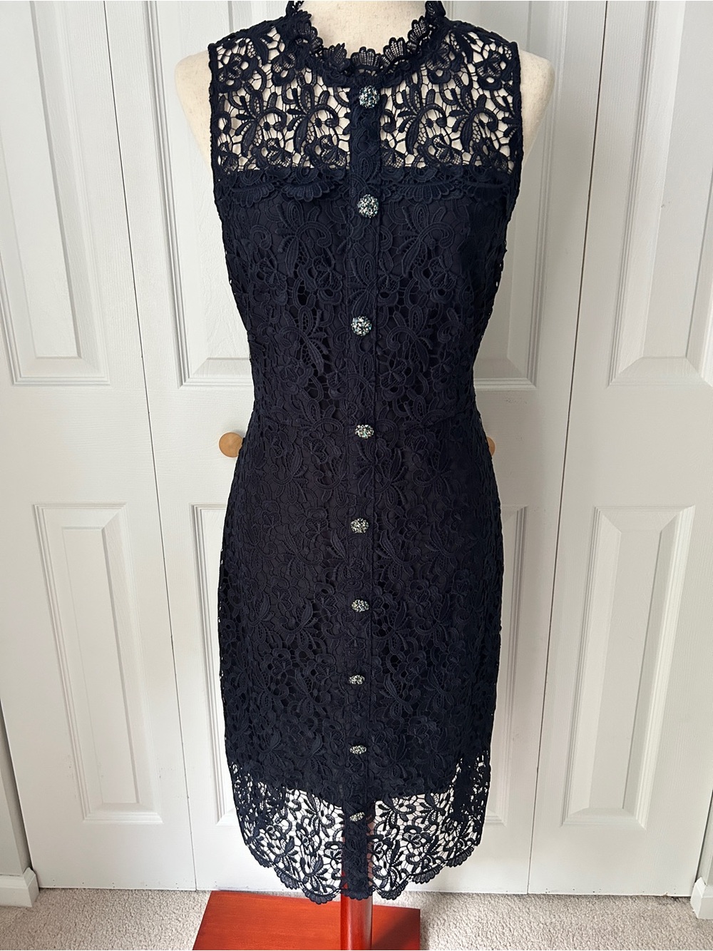 J. Crew Navy Floral Lace Sleeveless Sheath Dress with Jewel Buttons